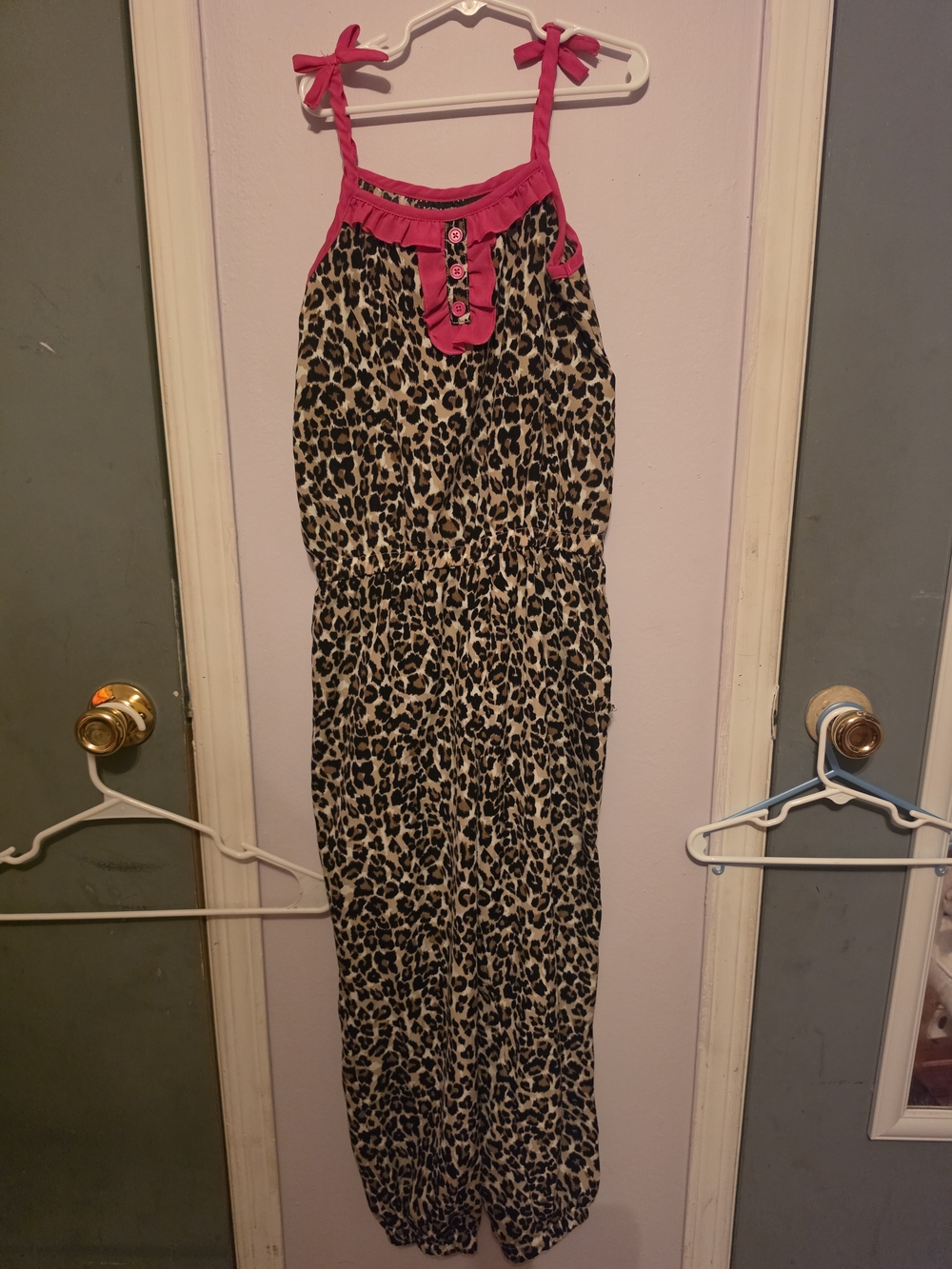 Girls Leopard Print One-Piece Romper with Hot Pink Trim Size 7/8
